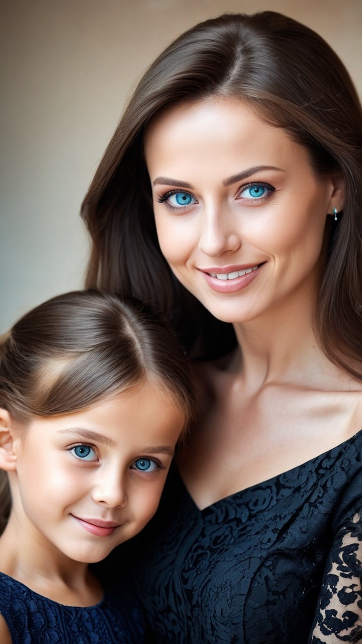 Elegant Embrace of a Woman and Young Girl in Dark Outfits