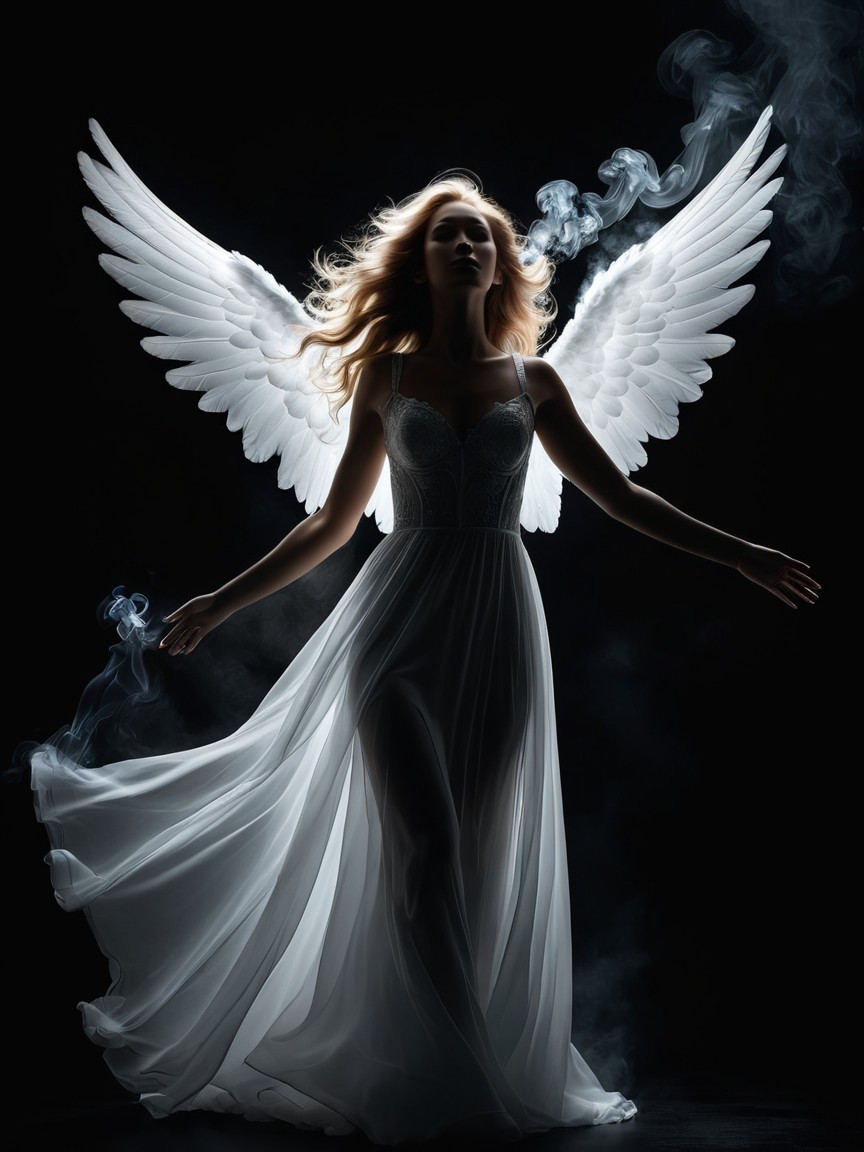 Silhouette of a Woman with Ethereal Wings and Smoke