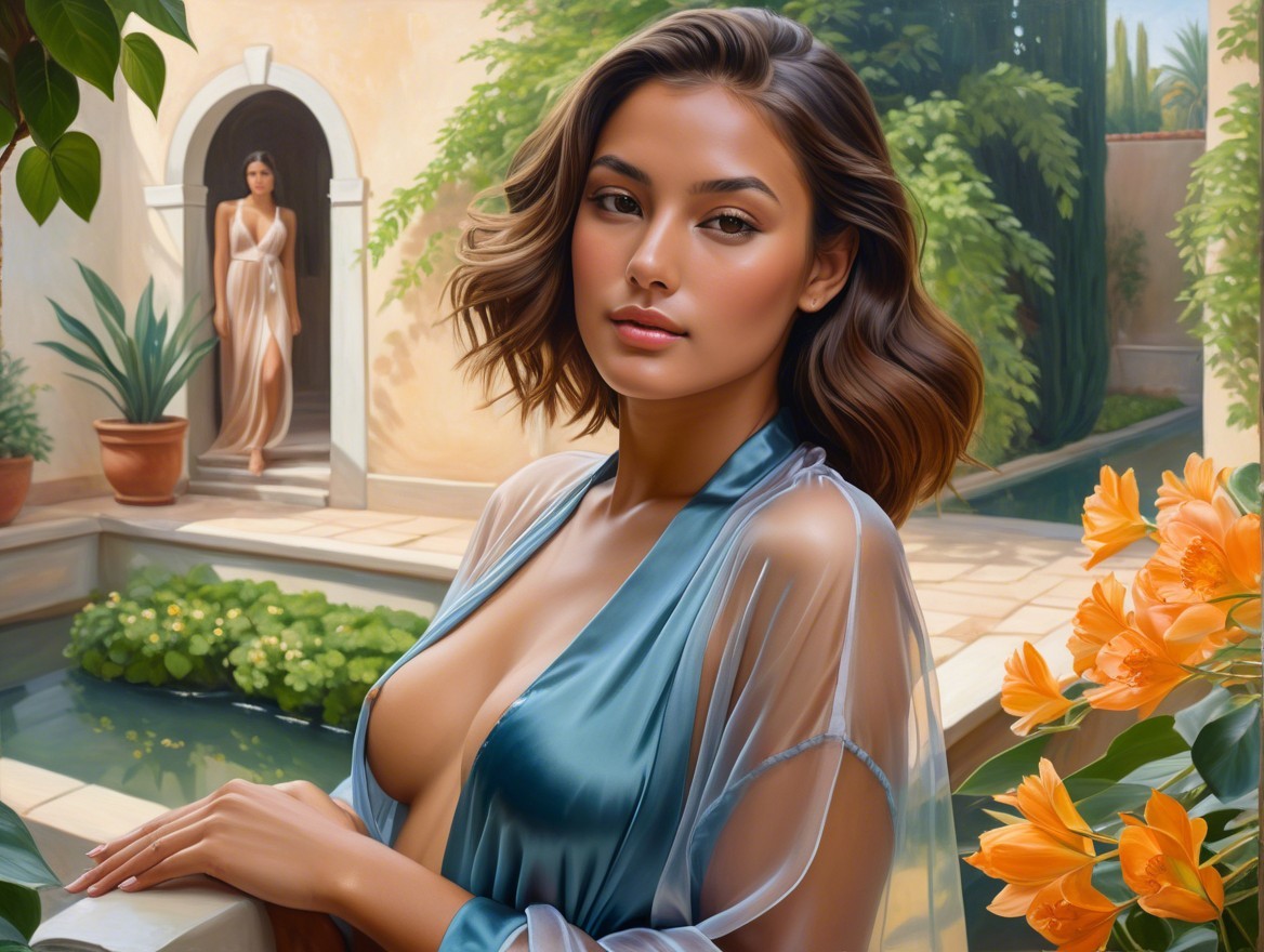 Woman in Teal Robe Surrounded by Vibrant Garden Flowers