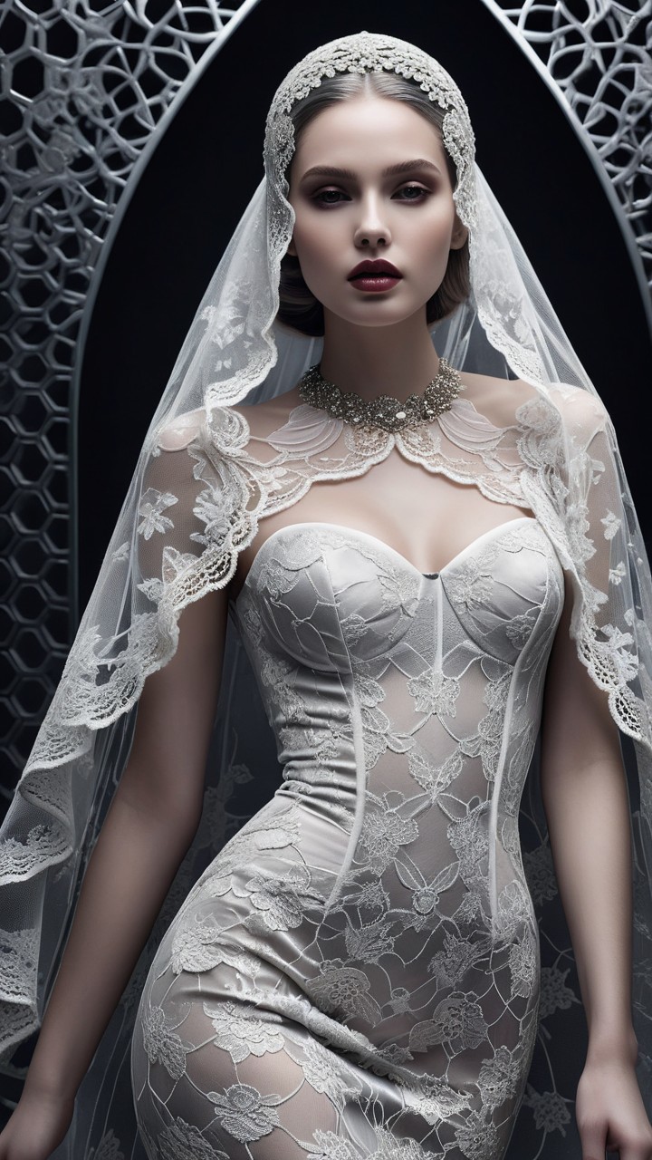 Bridal Portrait of Model in Lace-Trimmed Gown
