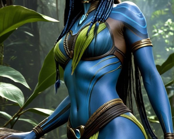Tall Blue-Skinned Character in Nature-Inspired Outfit