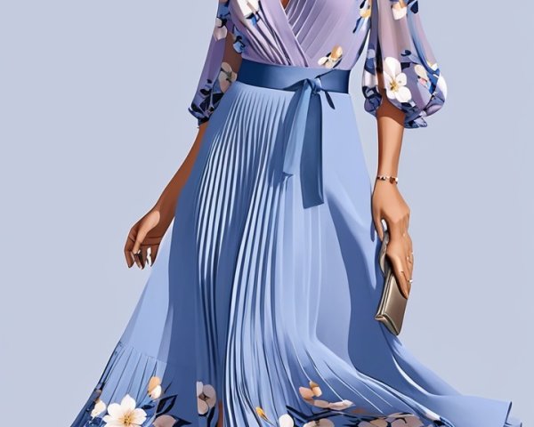 Lavender Floral Dress with Pleated Skirt and Accessories