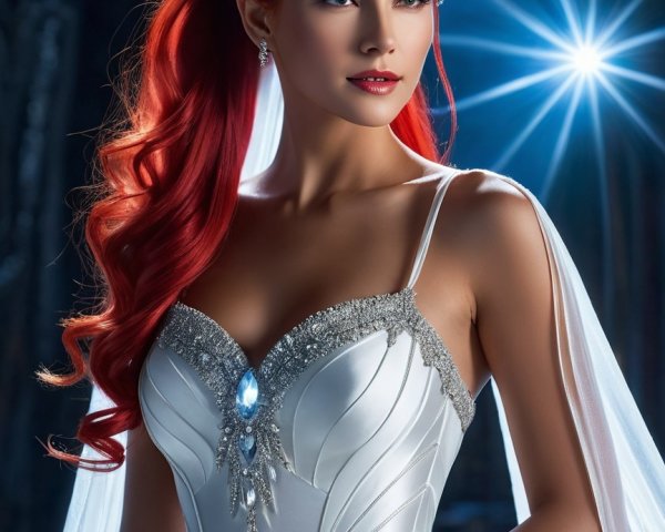 Elegant Model in White Gown with Red Hair and Sparkles