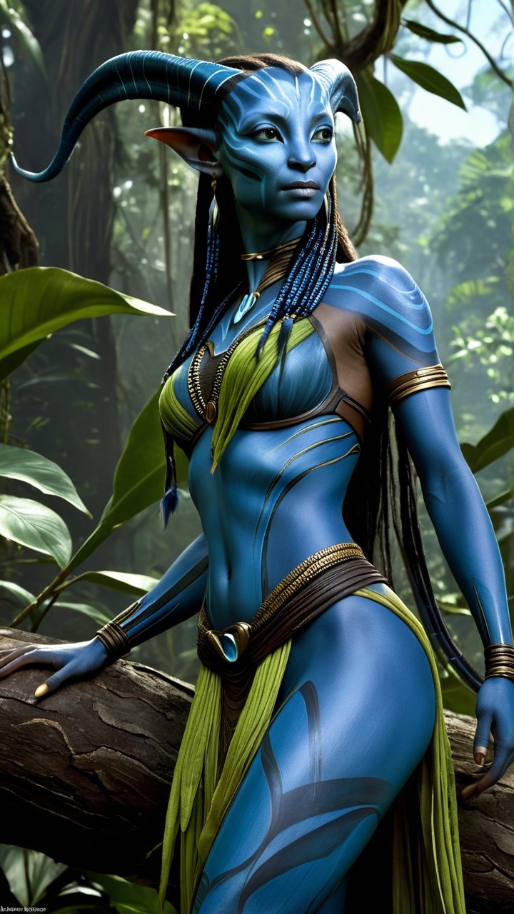 Tall Blue-Skinned Character in Nature-Inspired Outfit