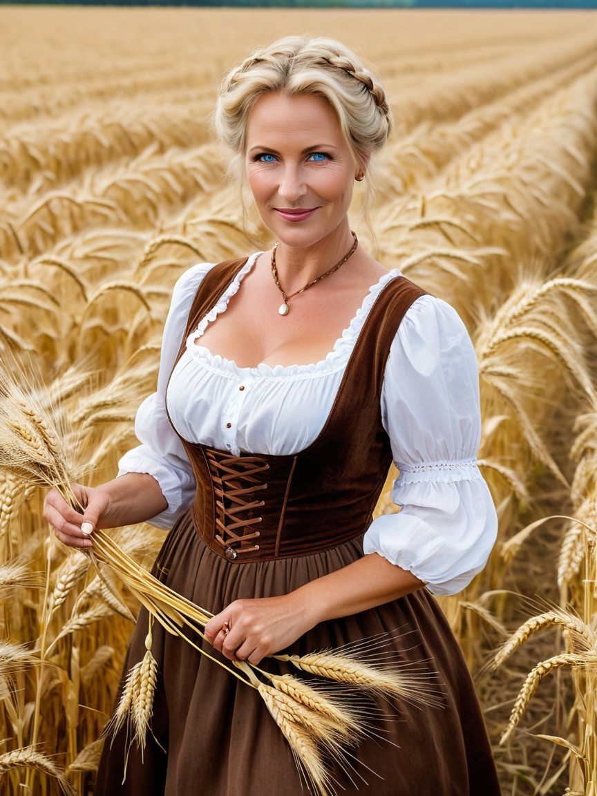 Woman in Folk Costume in Wheat Field
