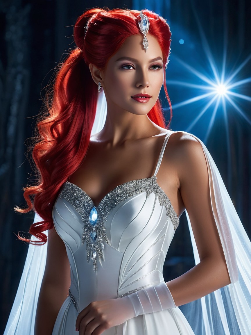 Elegant Model in White Gown with Red Hair and Sparkles