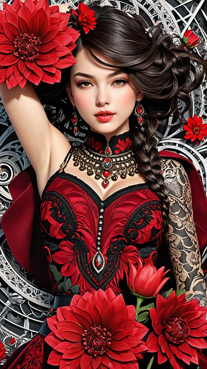 Elegant Woman in Red and Black Floral Gown
