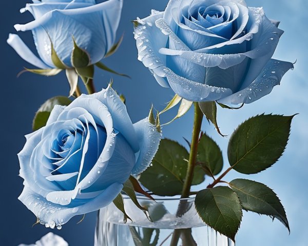 Elegant Blue Roses in Glass Vase with Water Droplets