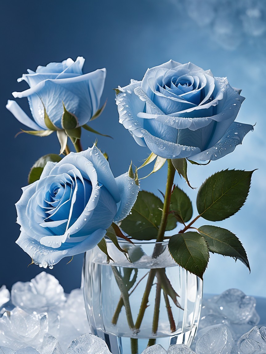 Elegant Blue Roses in Glass Vase with Water Droplets