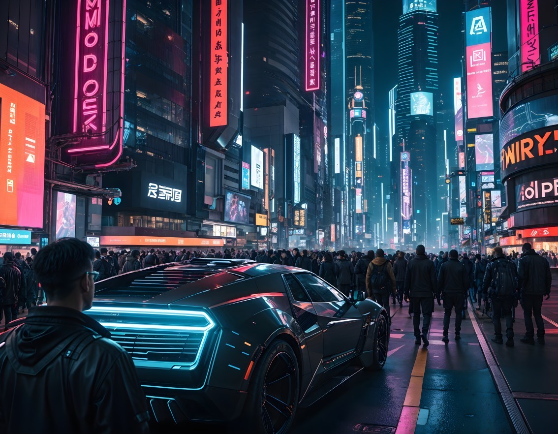 Futuristic cityscape with neon lights and skyscrapers