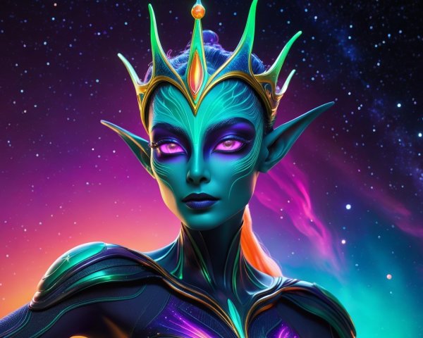 Alien Figure with Iridescent Skin and Cosmic Background