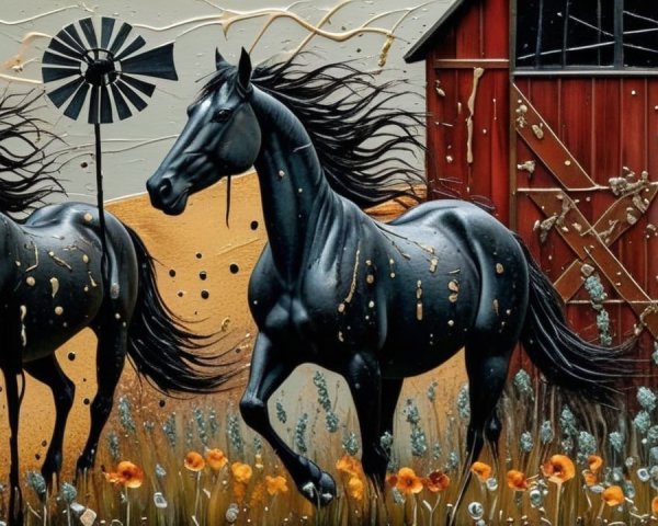 Galloping Black Horses in a Vibrant Rural Landscape