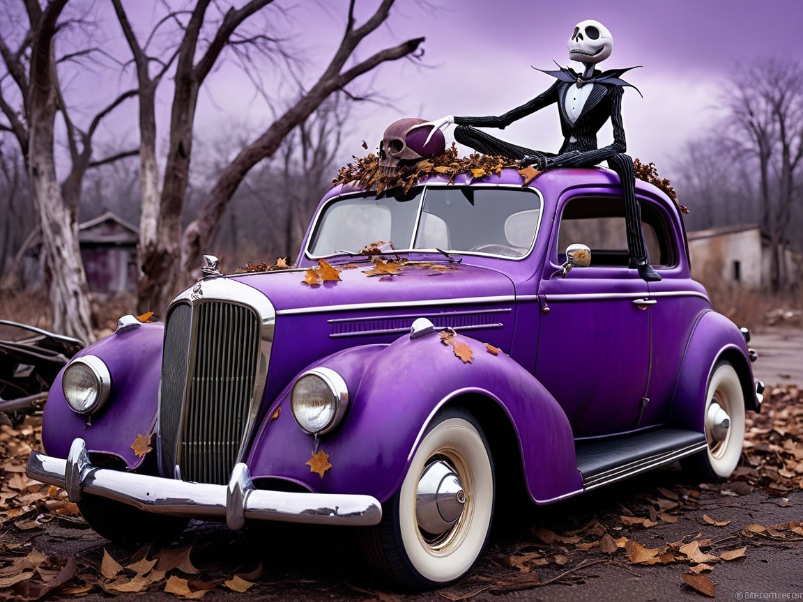 Whimsical Purple Vintage Car in Eerie Landscape