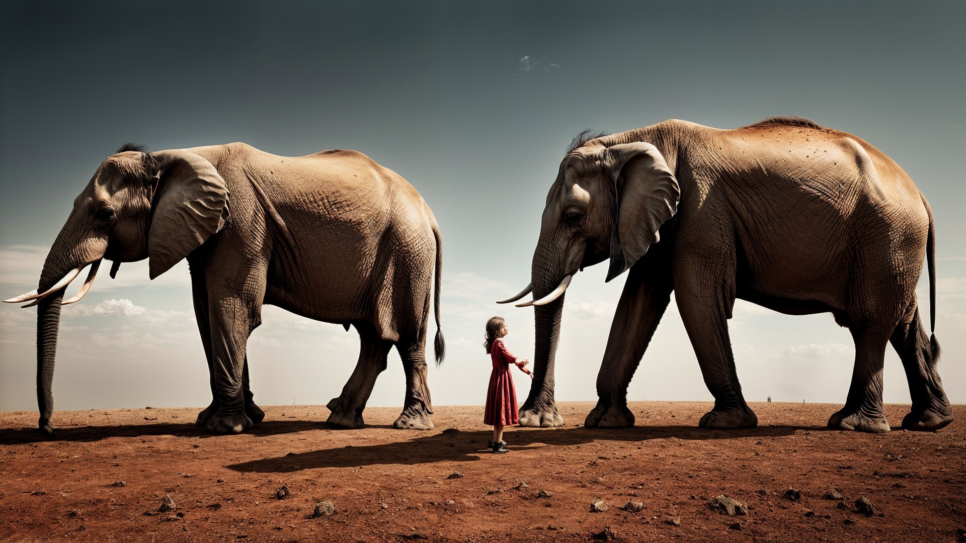 Young girl in red dress with elephants in landscape