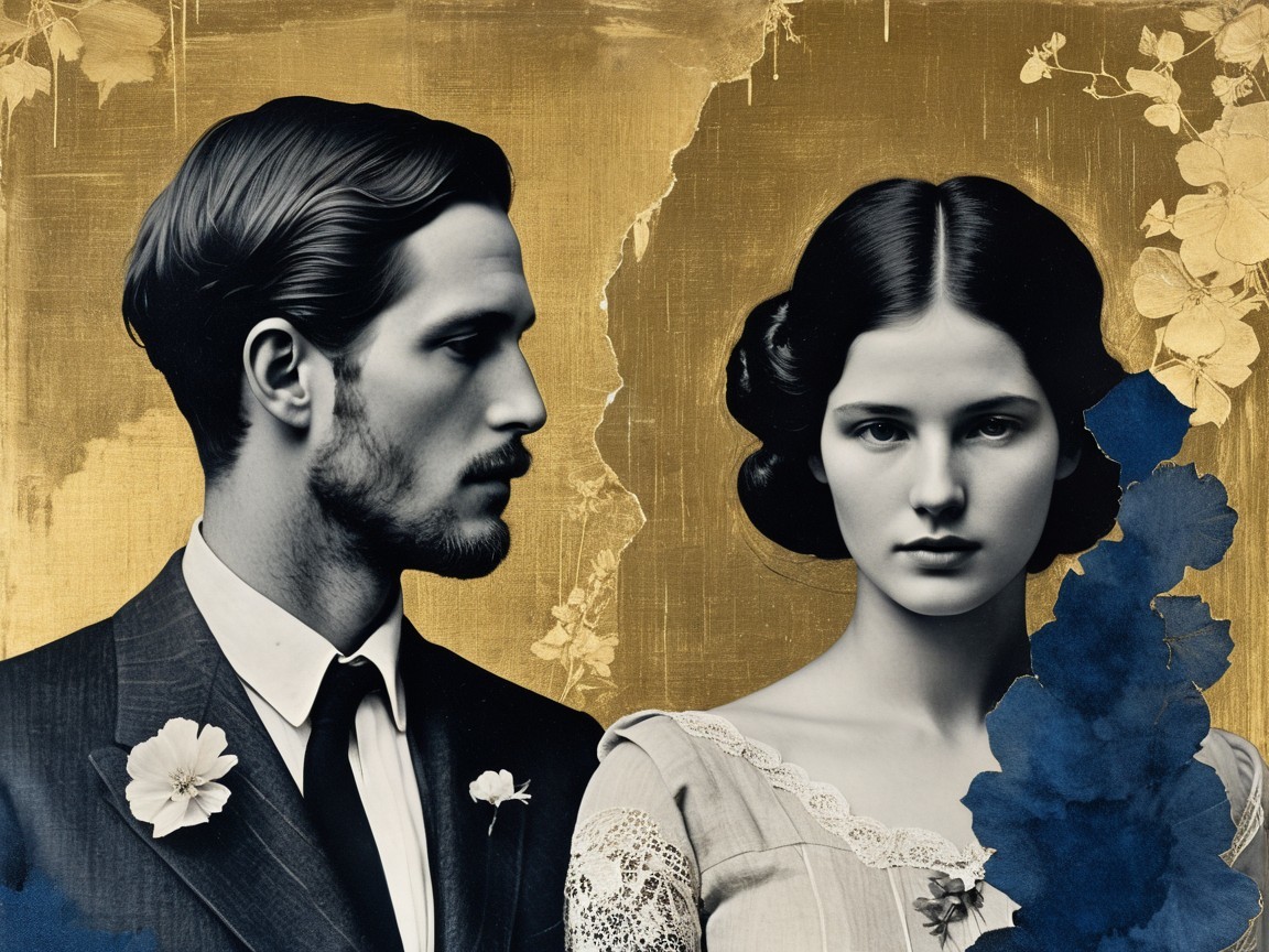 Vintage Portrait of Man and Woman with Floral Accents