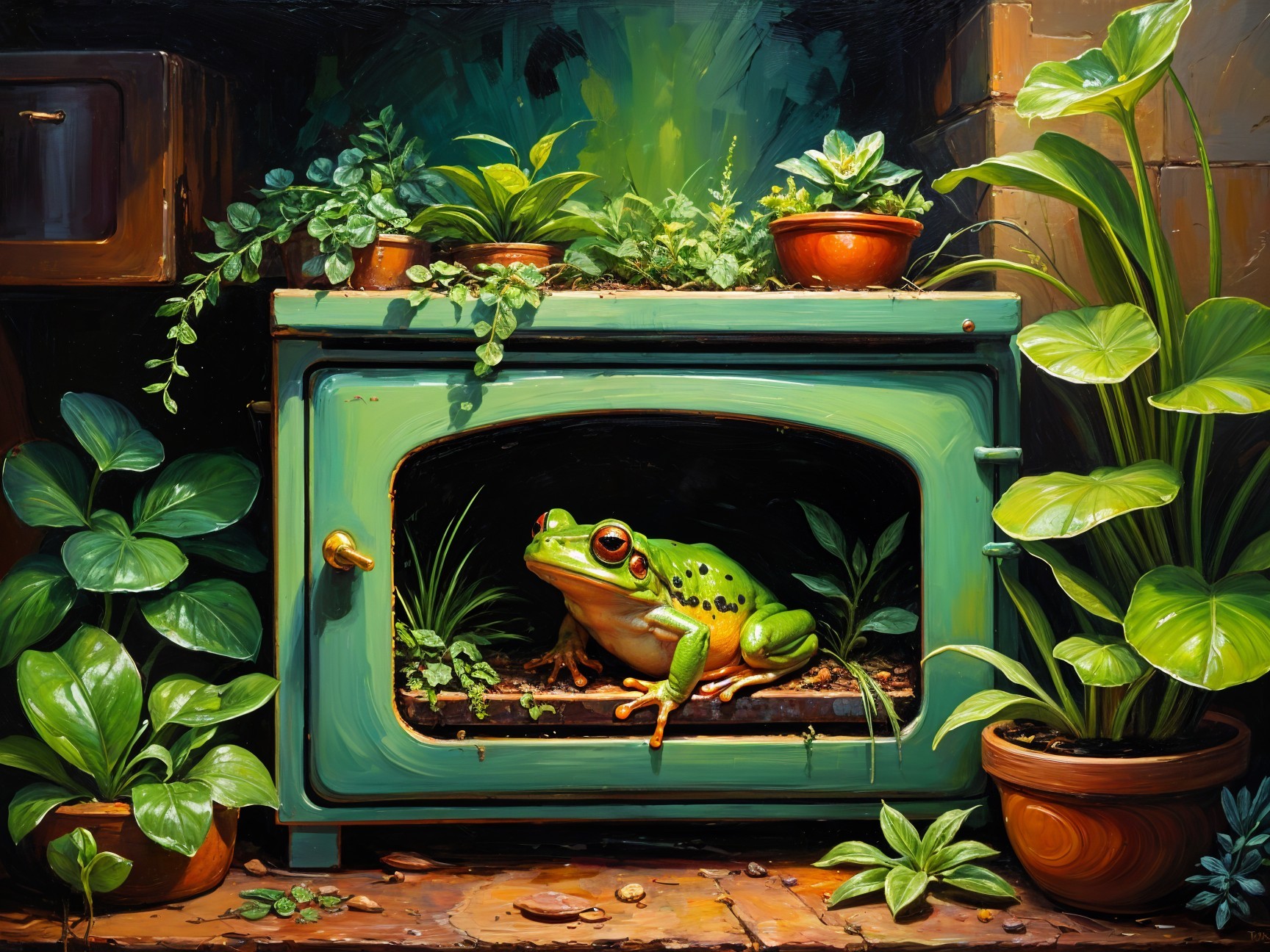 Vibrant green frog in rustic teal cabinet with plants