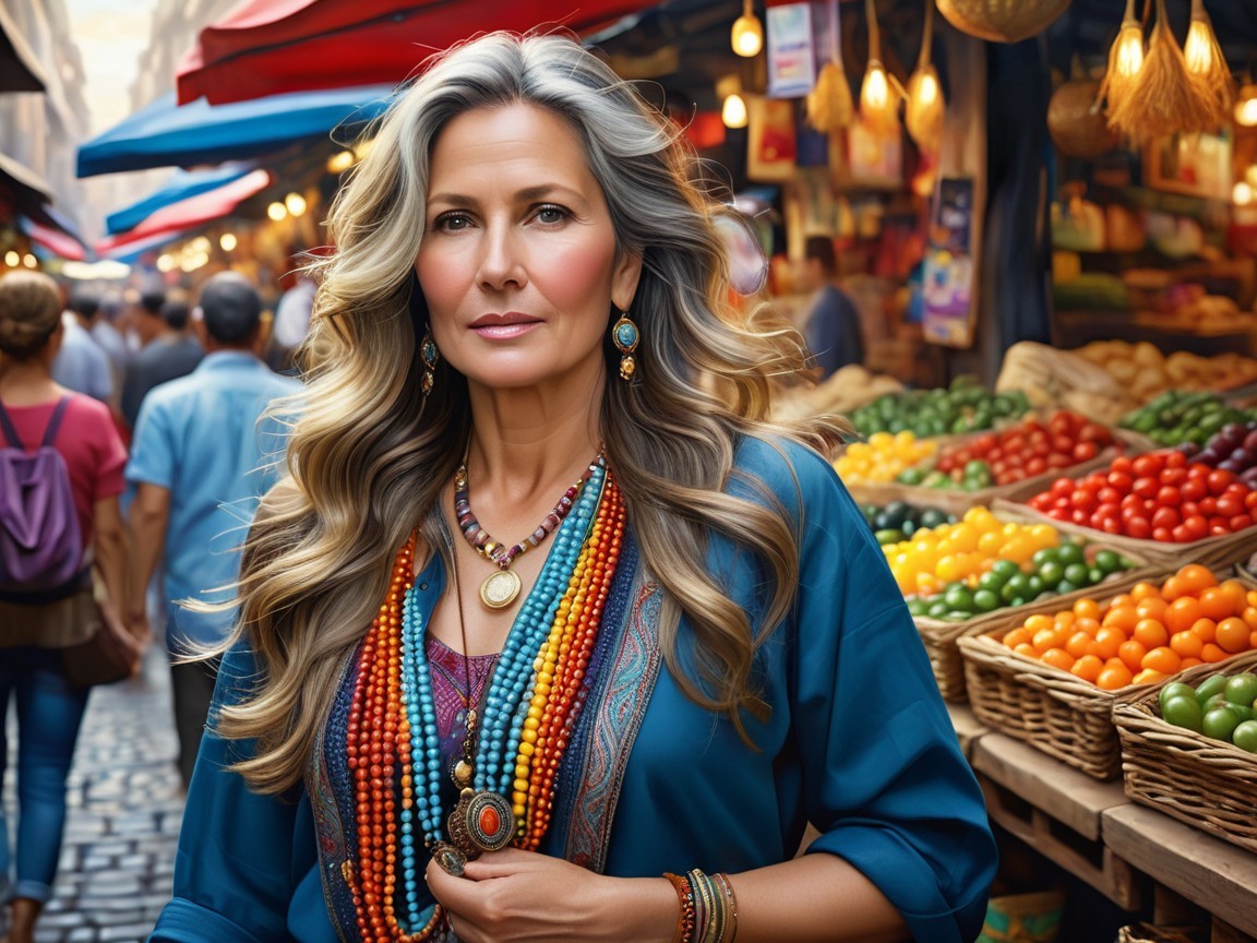 Confident Woman in Vibrant Market with Colorful Produce