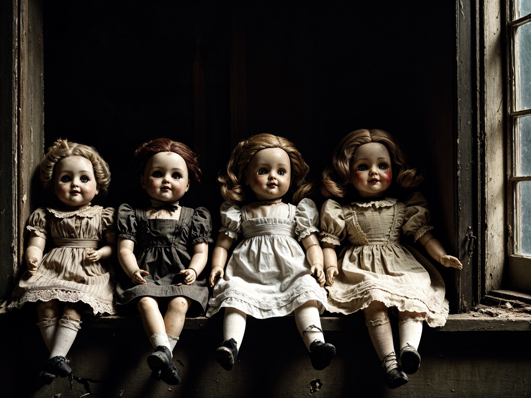 Vintage Dolls on Windowsill in Nostalgic Setting