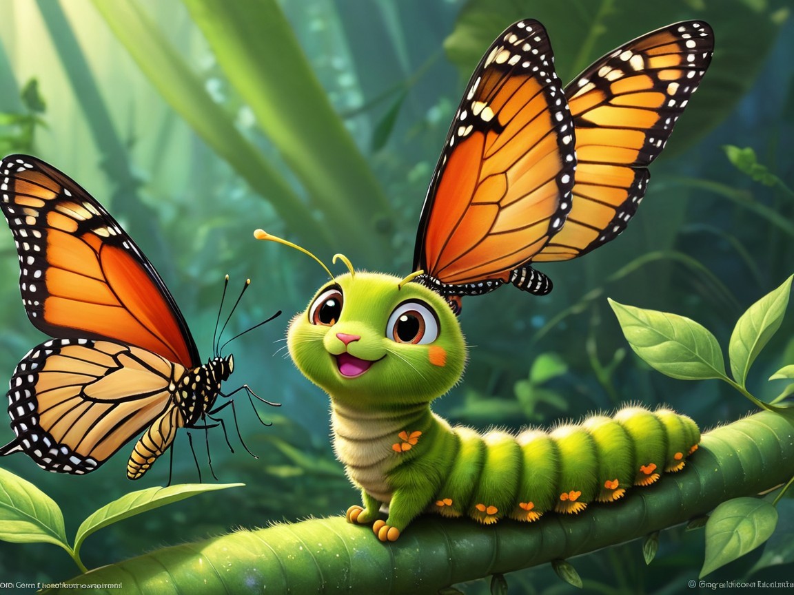 Caterpillar Observes Monarch Butterflies in Jungle