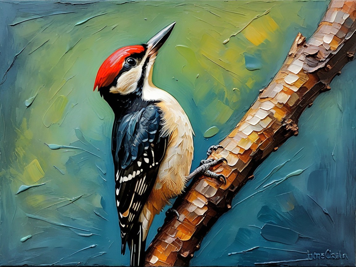 Vibrant Painting of a Woodpecker on a Tree Branch