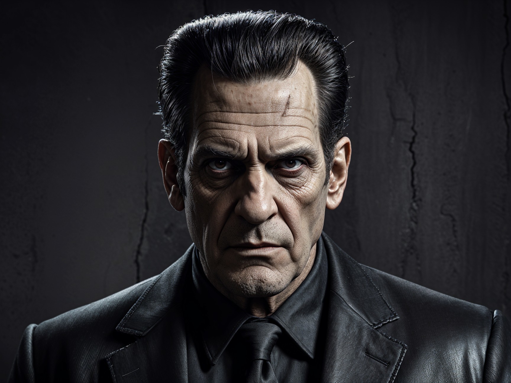 Portrait of a man in a black suit with intense expression