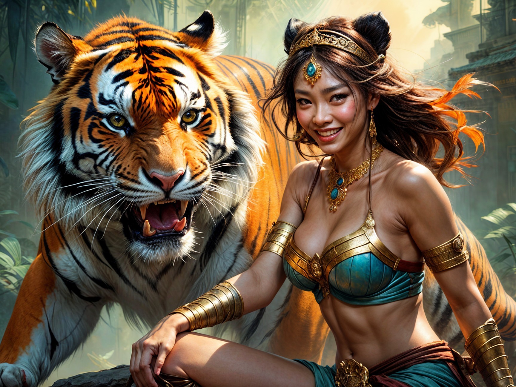 Woman in Emerald Outfit Poses with Tiger in Jungle