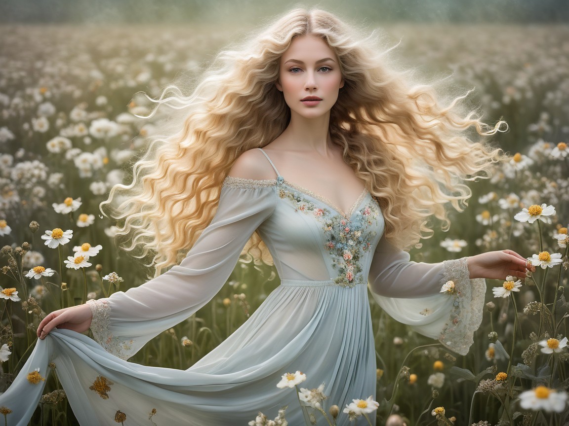 Young woman in sunlit field of wildflowers