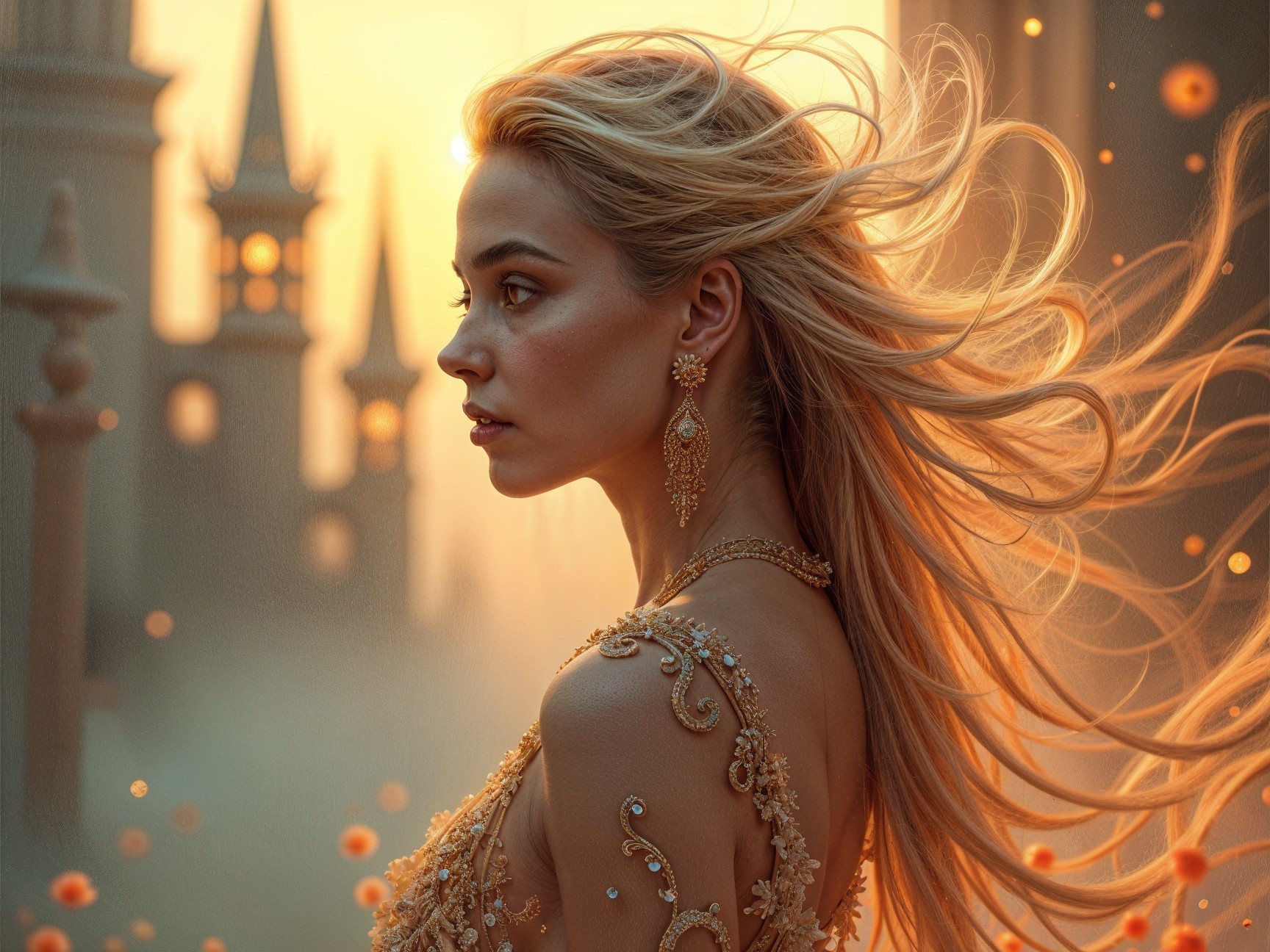 Profile of a Woman in Beaded Gown with Golden Glow
