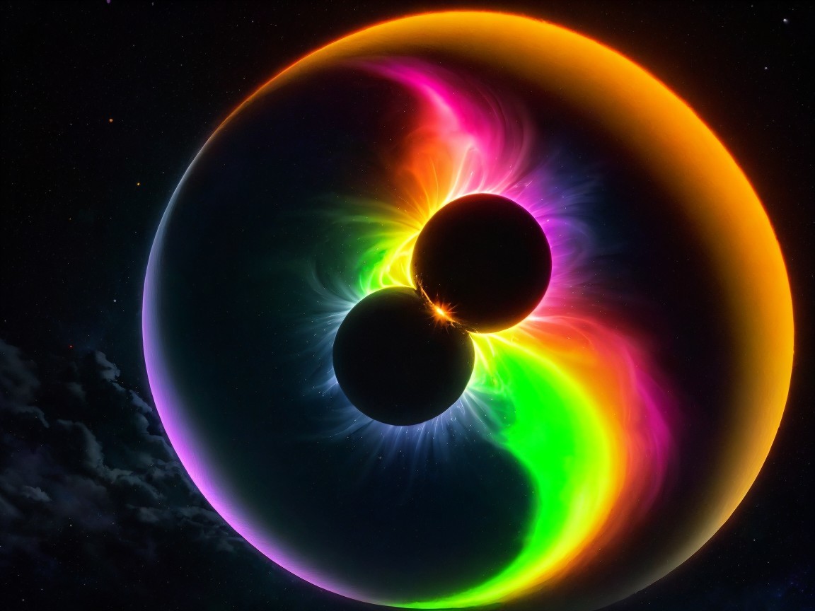 Cosmic Scene with Dark Spheres and Colorful Halo