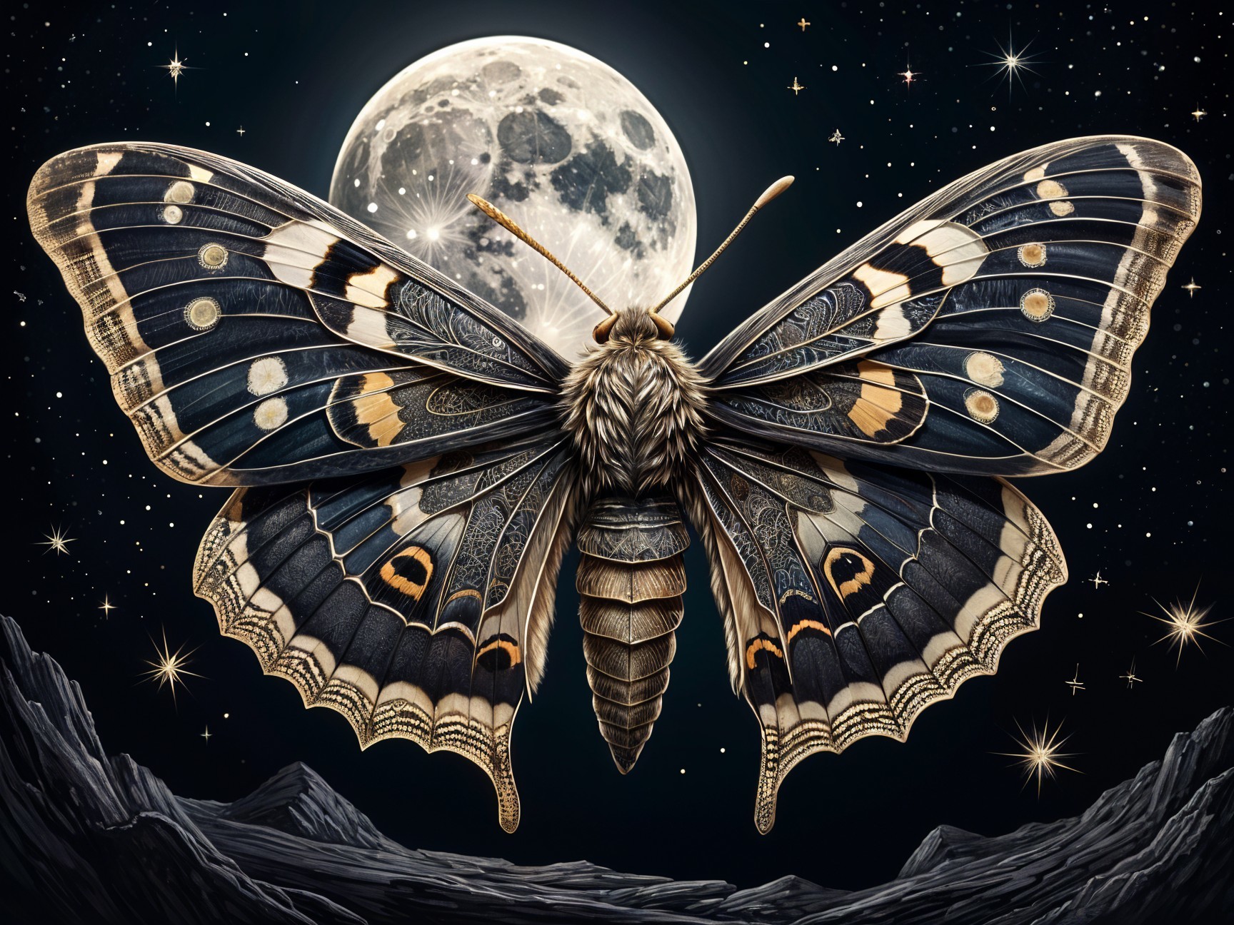 Majestic Butterfly Against Full Moon and Starry Sky