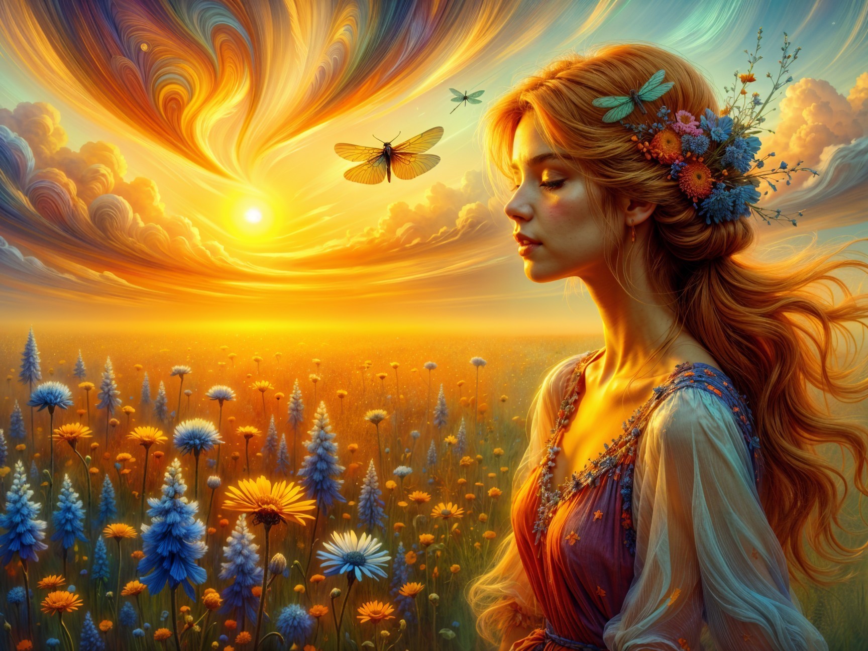 Young Woman in Flower Field at Vibrant Sunset