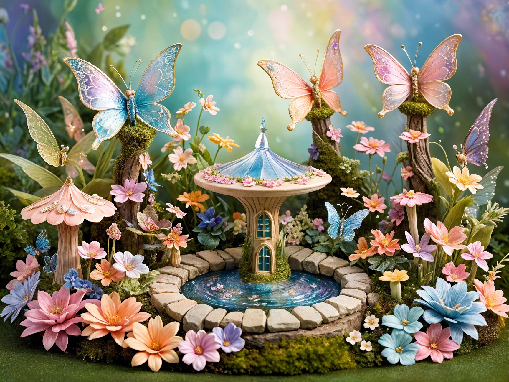Whimsical Garden Scene with Fountain and Flowers
