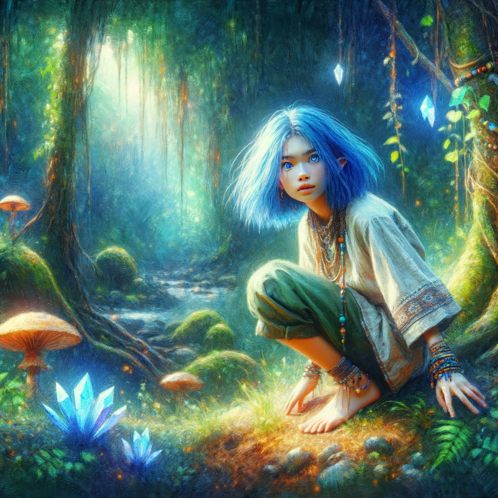 Young figure with blue hair in enchanted forest setting