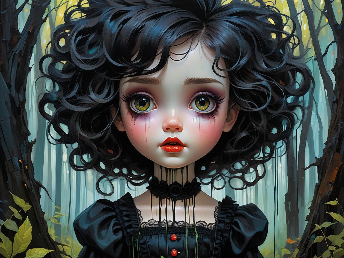 Young girl in mystical forest with elegant dress