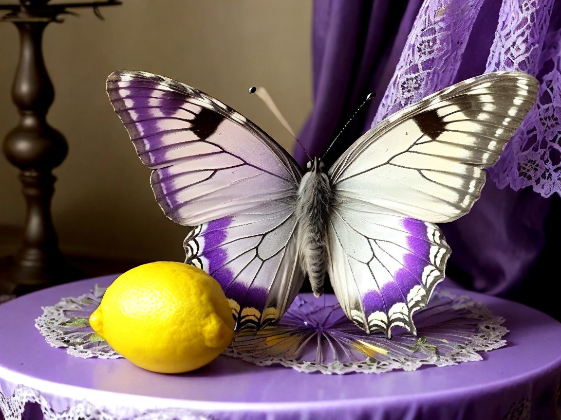 Decorative Display of Butterfly and Lemon on Purple Table