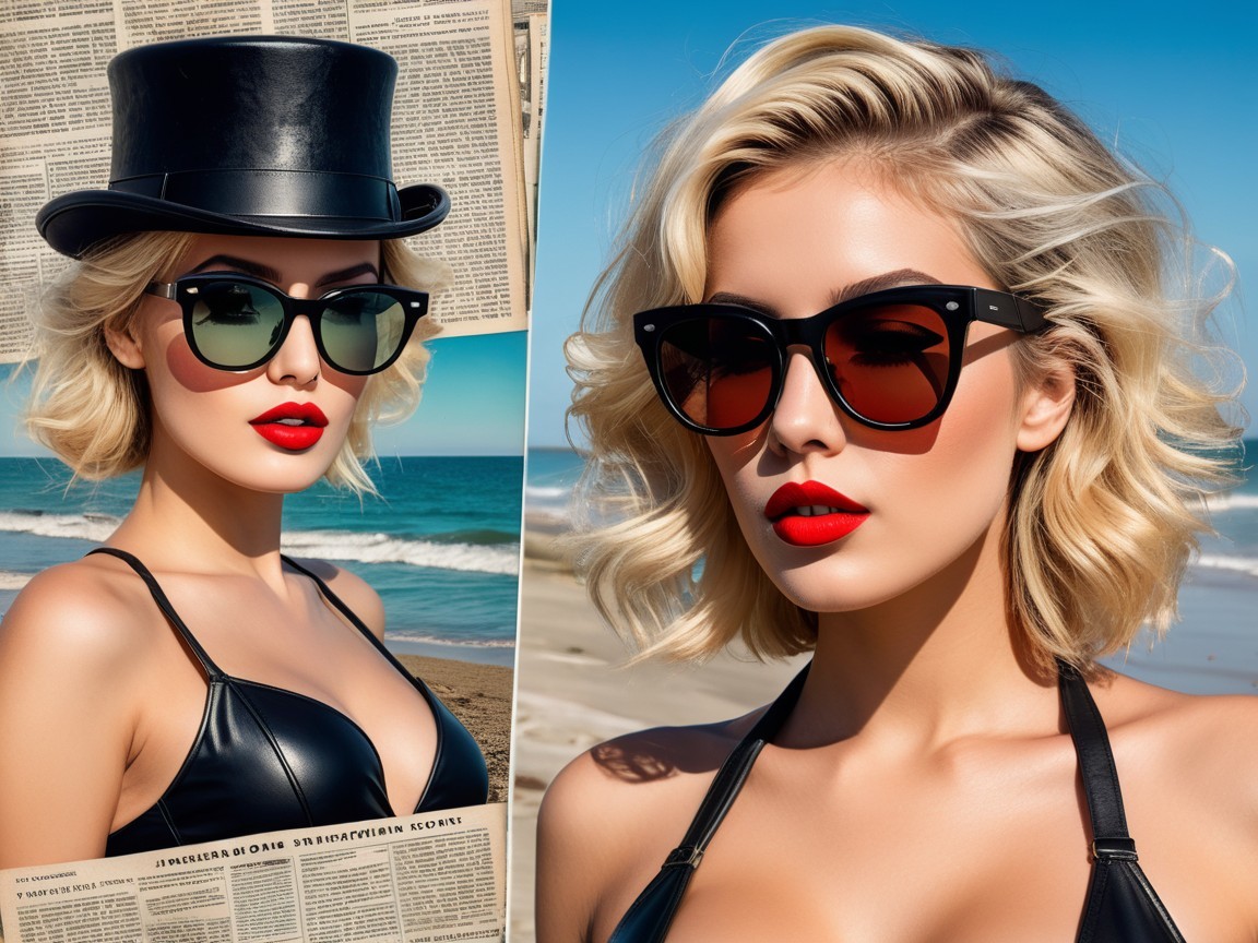 Glamorous Woman in Black Bikini at Vibrant Beach