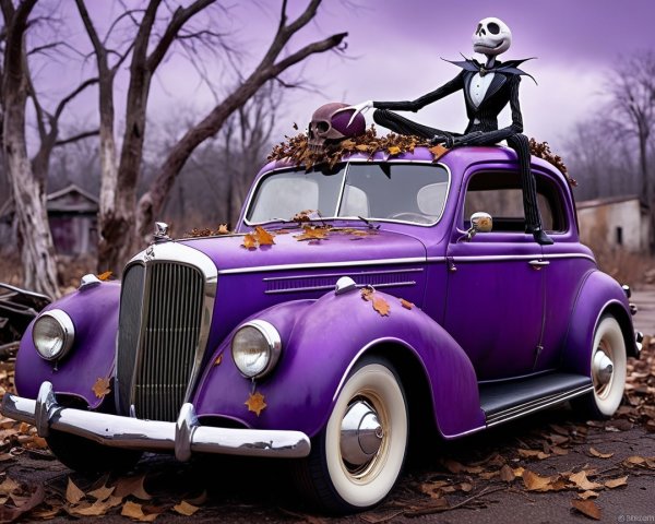 Whimsical Purple Vintage Car in Eerie Landscape