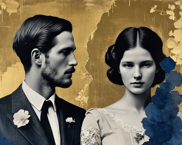 Vintage Portrait of Man and Woman with Floral Accents