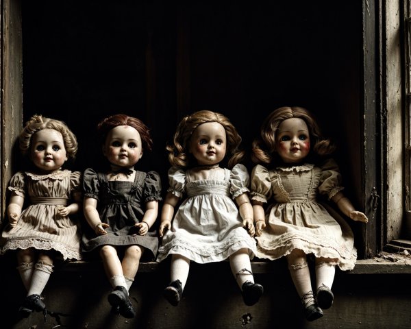 Vintage Dolls on Windowsill in Nostalgic Setting