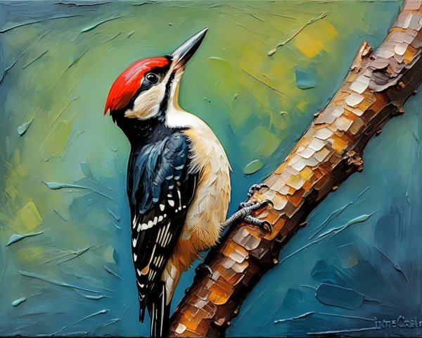 Vibrant Painting of a Woodpecker on a Tree Branch