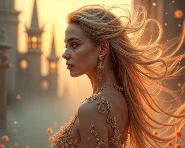 Profile of a Woman in Beaded Gown with Golden Glow