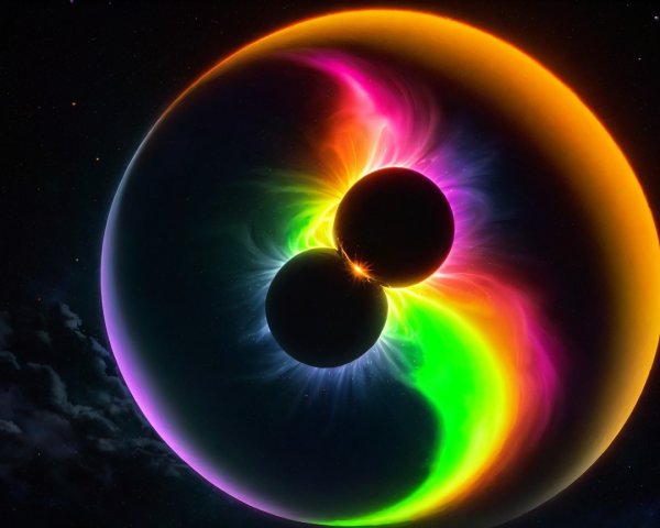 Cosmic Scene with Dark Spheres and Colorful Halo