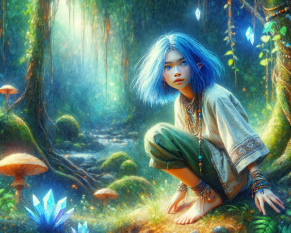 Young figure with blue hair in enchanted forest setting