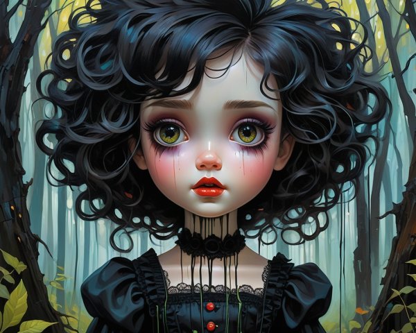 Young girl in mystical forest with elegant dress