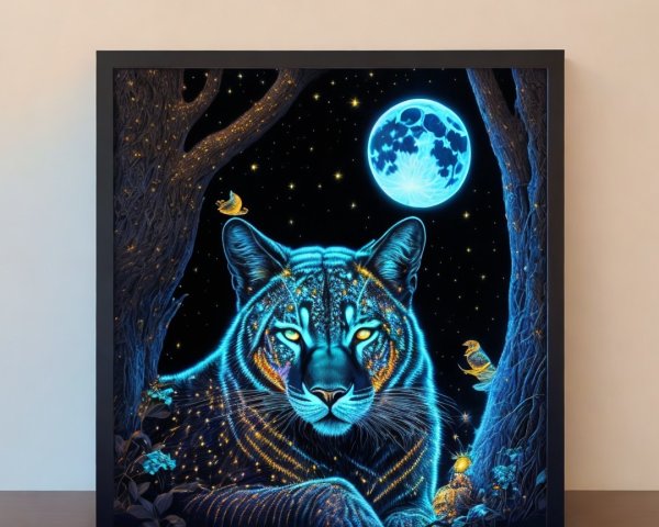Luminous tiger with glowing blue fur in night scene