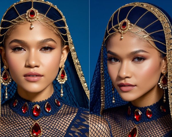 Model in Blue Attire with Gold Jewelry and Red Accents