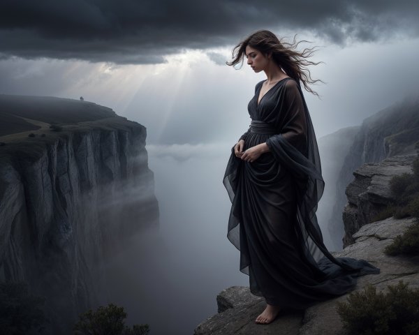 Woman in Dark Gown on Misty Cliff with Dramatic Sky