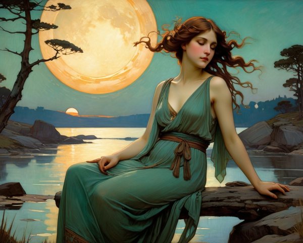 Serene Woman in Green Gown by Tranquil River Scene