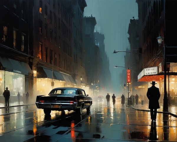 Moody Night City Street Scene with Classic Car
