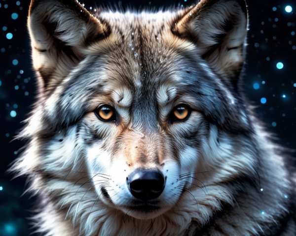 Majestic wolf with detailed face and starry background
